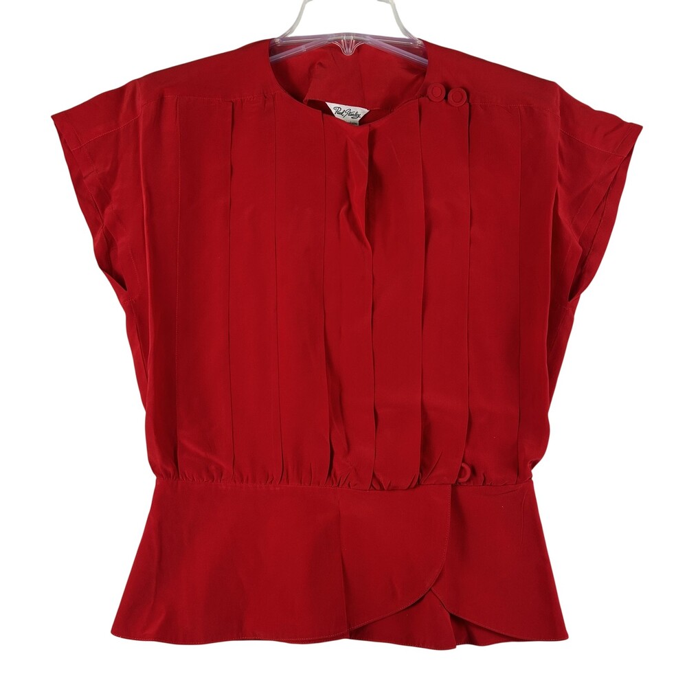 Vintage Paul Stanley Blouse Womens 4 Red Silk Pleated Peplum Hong Kong 80s